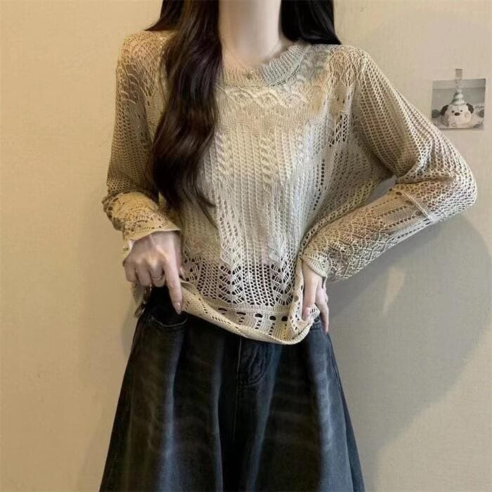 骨格ストレートかぎ編みニットトップス