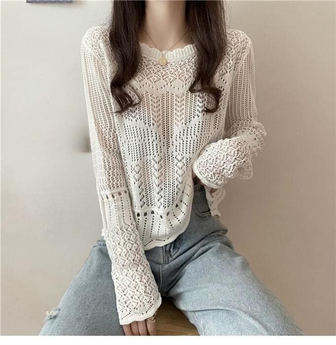 骨格ストレートかぎ編みニットトップス