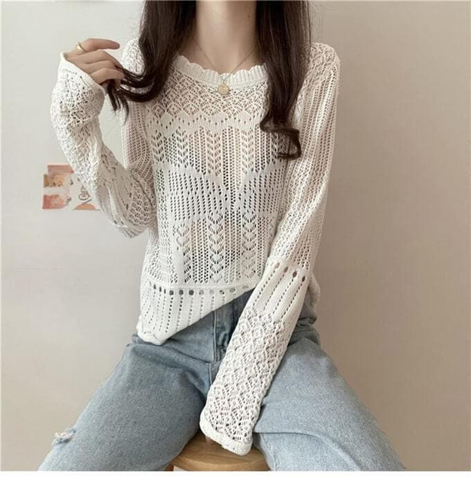 骨格ストレートかぎ編みニットトップス