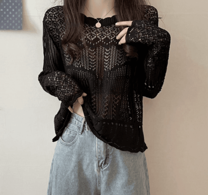 骨格ストレートかぎ編みニットトップス