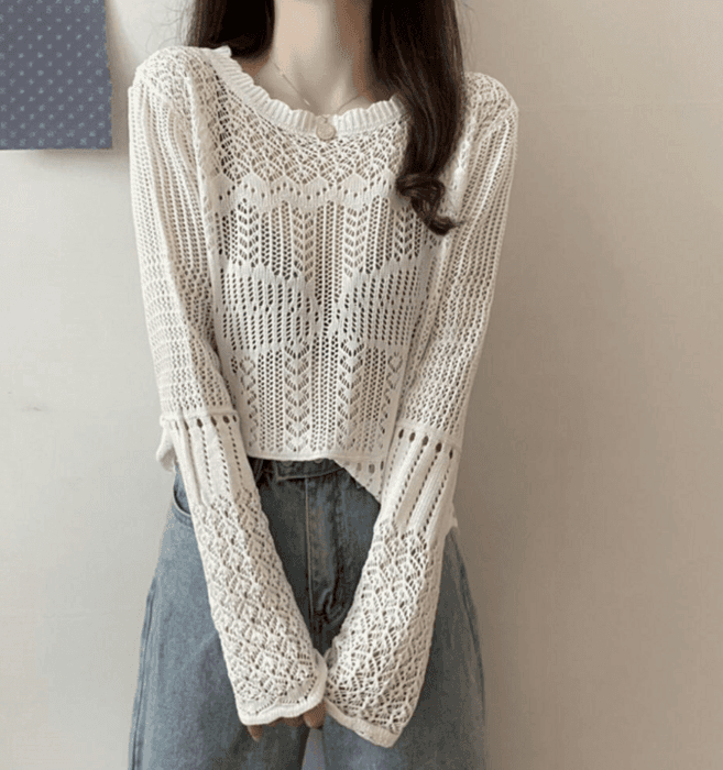 骨格ストレートかぎ編みニットトップス