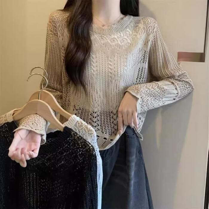 骨格ストレートかぎ編みニットトップス