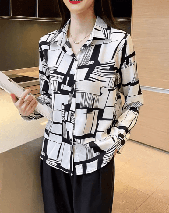 骨格ストレートプリントシャツブラウストップス