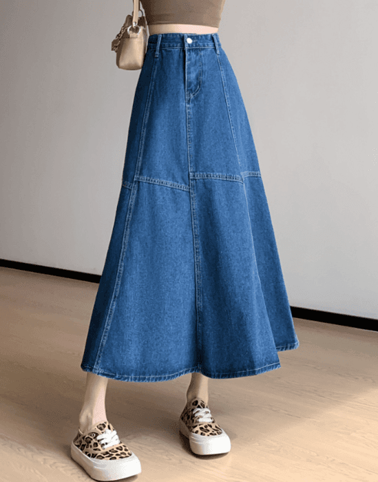 骨格ストレートデニムフレアロングスカート