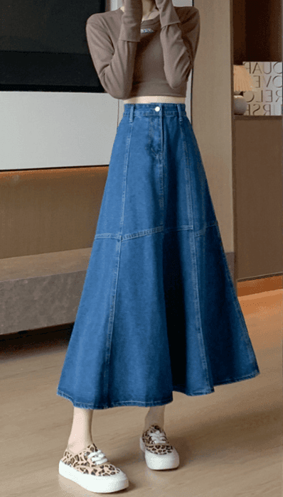 骨格ストレートデニムフレアロングスカート