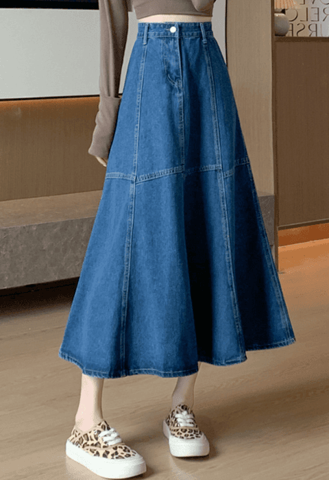 骨格ストレートデニムフレアロングスカート