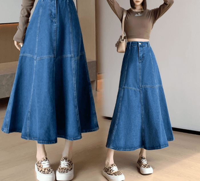 骨格ストレートデニムフレアロングスカート