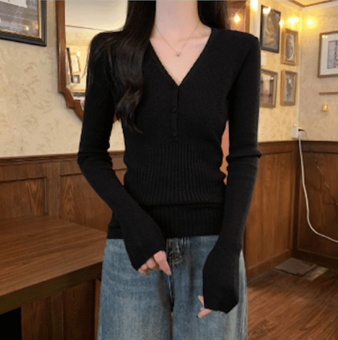 骨格ストレートVネック切り替えハイゲージニットトップス
