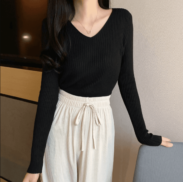 骨格ストレートVネックハイゲージニットトップス