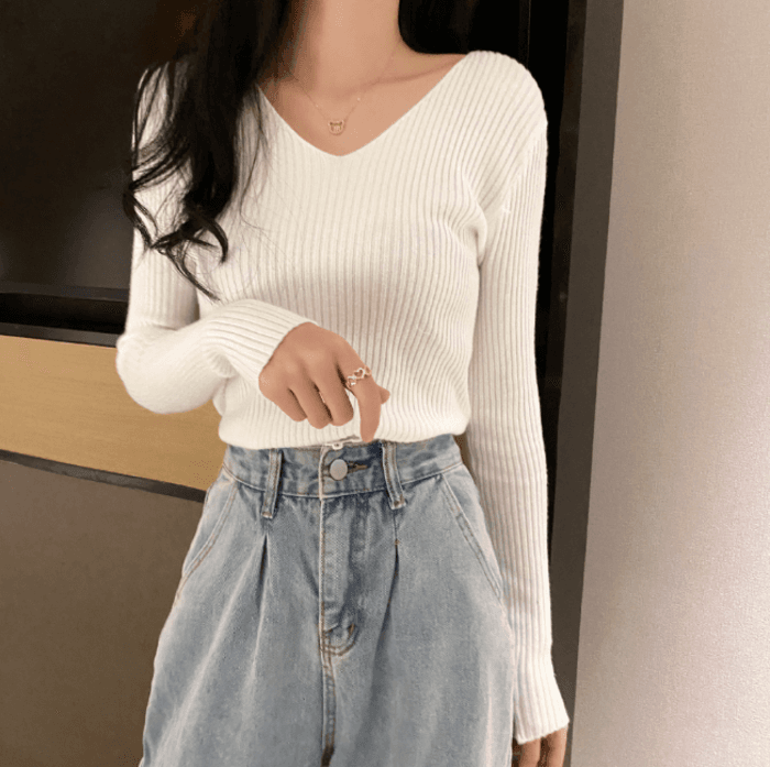 骨格ストレートVネックハイゲージニットトップス