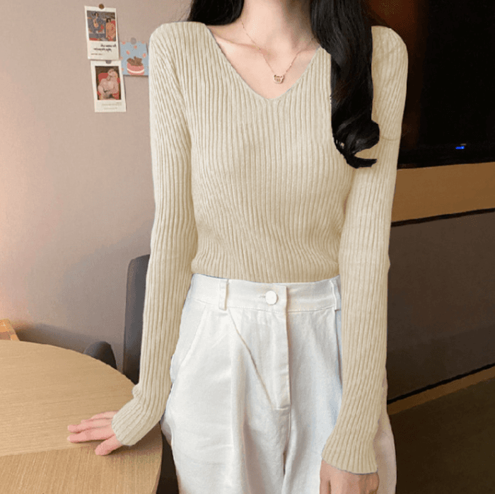 骨格ストレートVネックハイゲージニットトップス