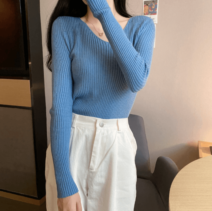 骨格ストレートVネックハイゲージニットトップス