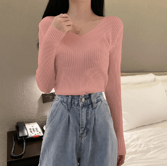 骨格ストレートVネックハイゲージニットトップス