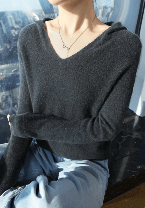 骨格ストレートフード付きニットトップス