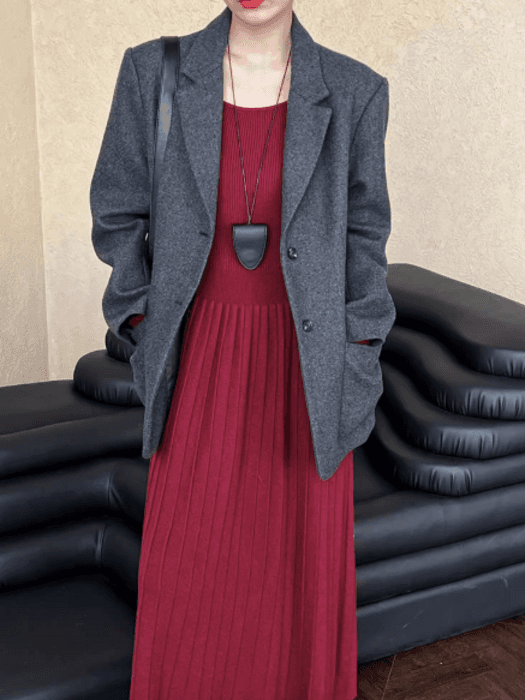 骨格ストレートスクエアネック切り替えロングワンピース