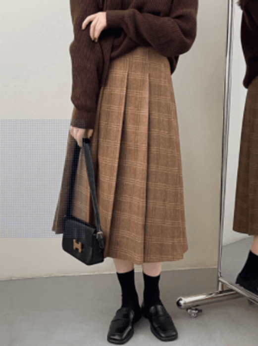 骨格ストレートチェックプリーツロングスカート