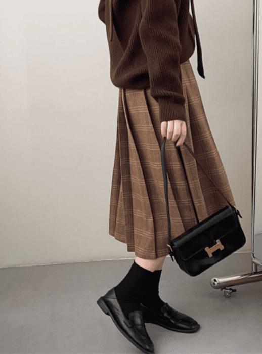 骨格ストレートチェックプリーツロングスカート
