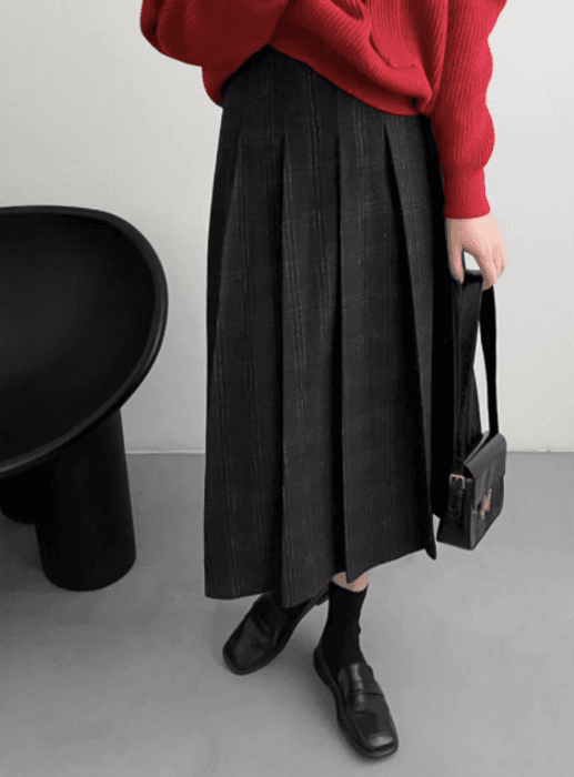 骨格ストレートチェックプリーツロングスカート