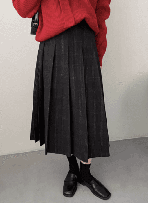 骨格ストレートチェックプリーツロングスカート