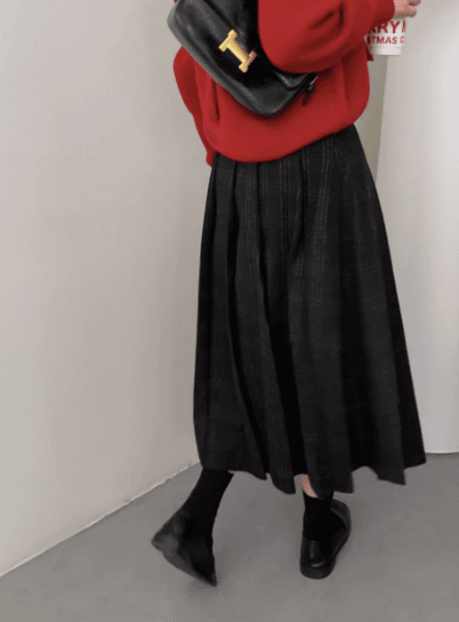 骨格ストレートチェックプリーツロングスカート