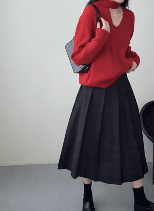 骨格ストレートチェックプリーツロングスカート