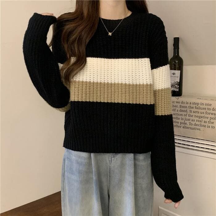 骨格ストレート配色ラインニットトップス