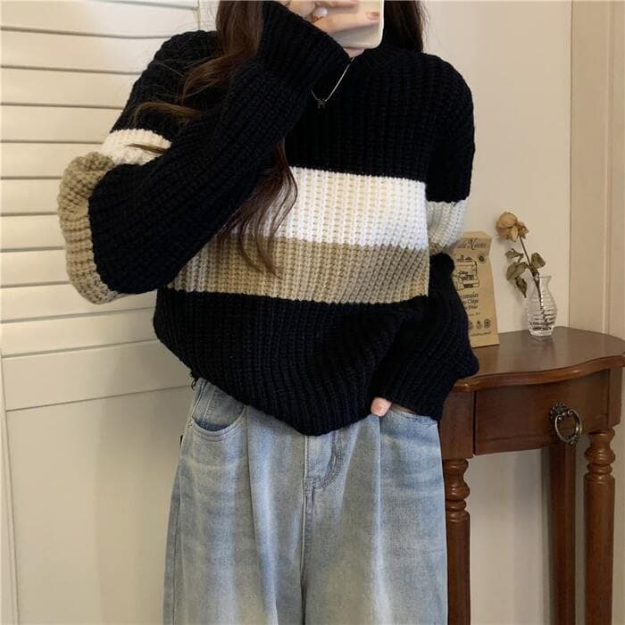 骨格ストレート配色ラインニットトップス