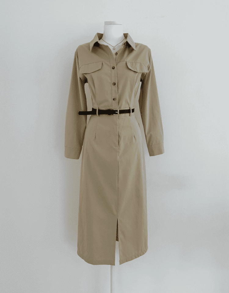 骨格ストレートベルト付きロングワンピース