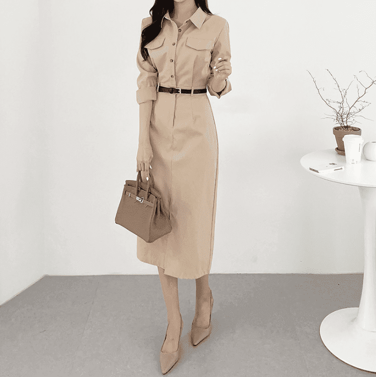 骨格ストレートベルト付きロングワンピース