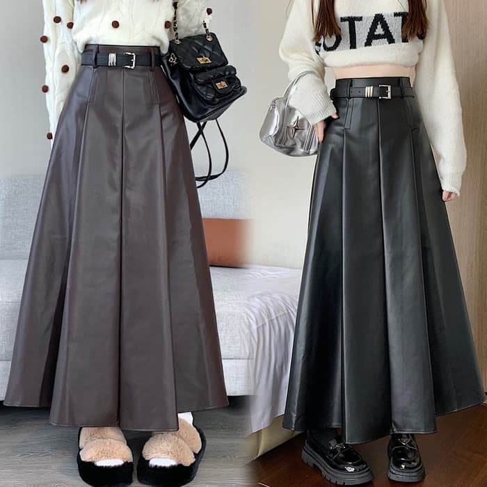 骨格ストレートベルト付きレザーフレアスカート