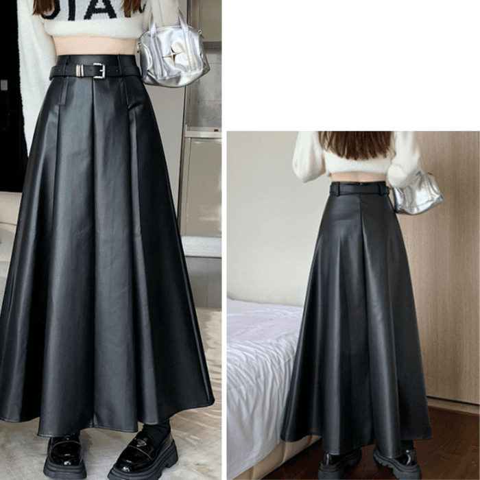 骨格ストレートベルト付きレザーフレアスカート