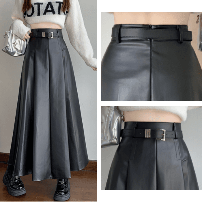 骨格ストレートベルト付きレザーフレアスカート