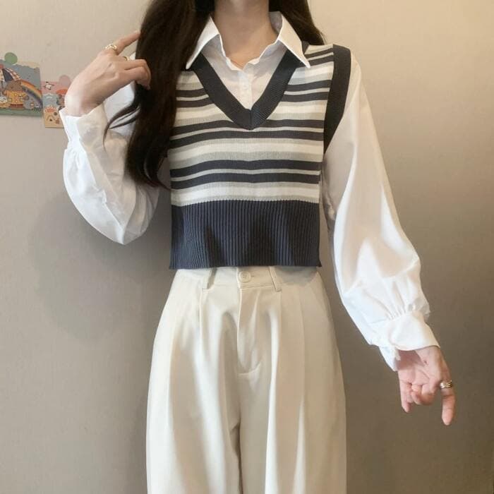 骨格ストレートフェイクツーピースプレッピートップス