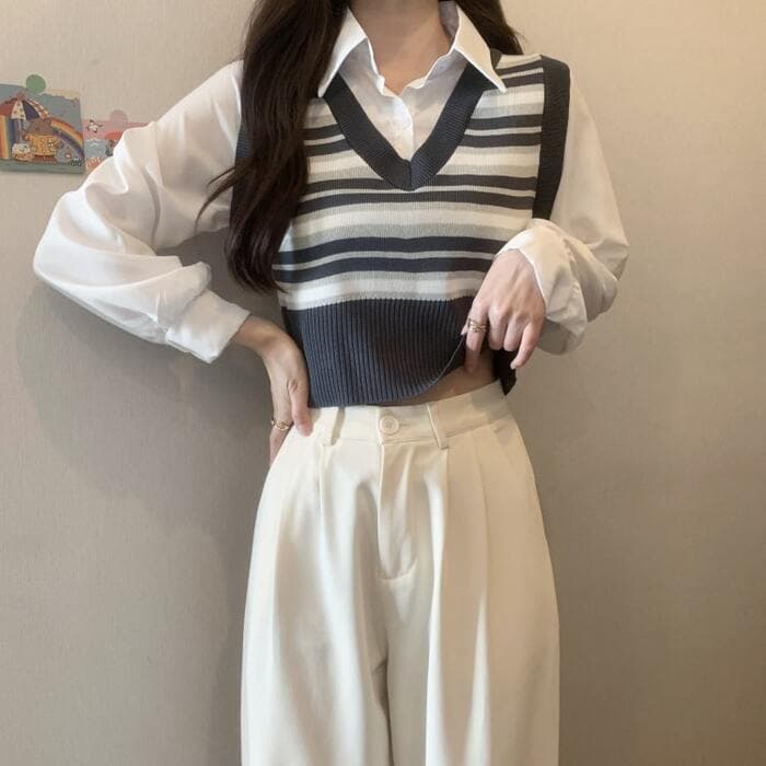 骨格ストレートフェイクツーピースプレッピートップス