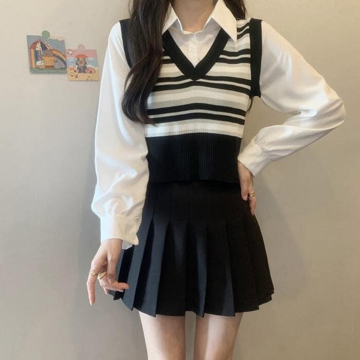 骨格ストレートフェイクツーピースプレッピートップス