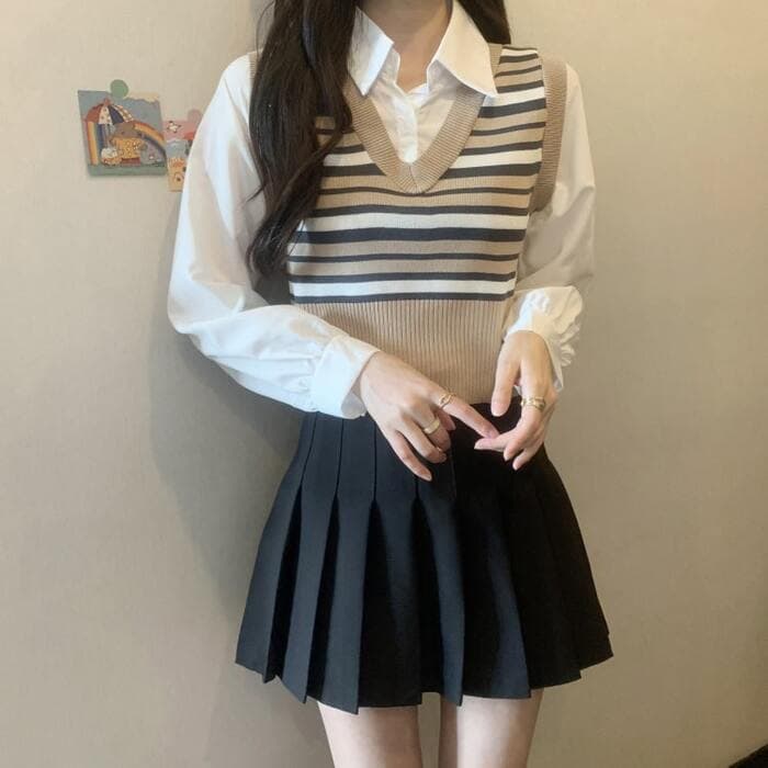 骨格ストレートフェイクツーピースプレッピートップス