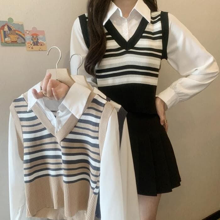 骨格ストレートフェイクツーピースプレッピートップス