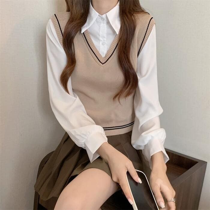 骨格ストレートフェイクツーピースカレッジベストトップス