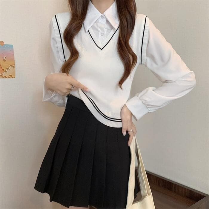 骨格ストレートフェイクツーピースカレッジベストトップス