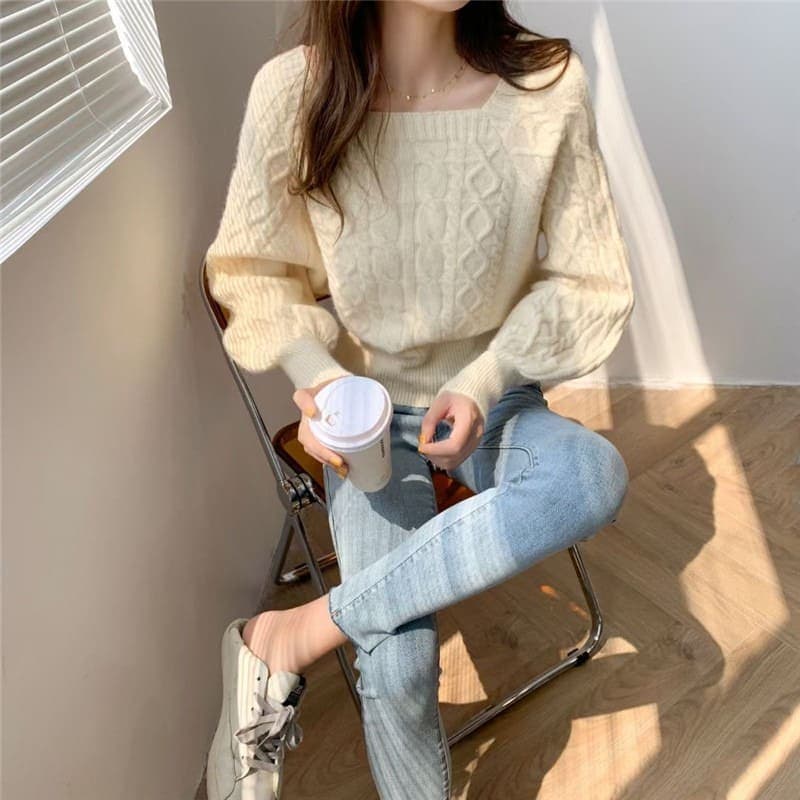 骨格ストレートスクエアカラーニットトップス