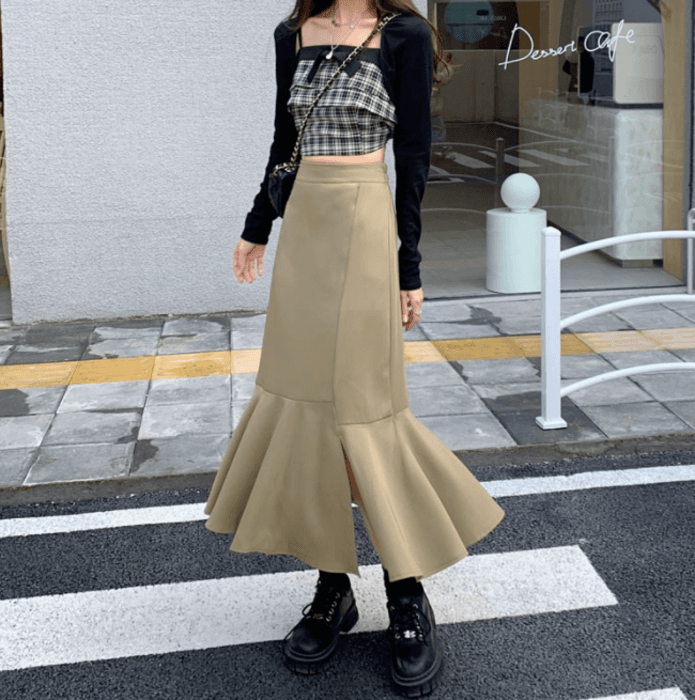 骨格ストレート裾切り替えマーメイドスカート