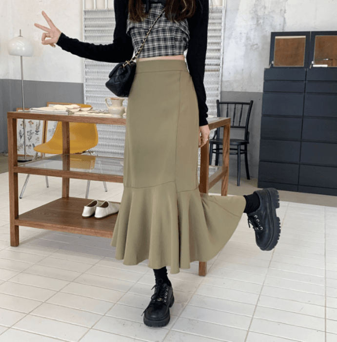 骨格ストレート裾切り替えマーメイドスカート