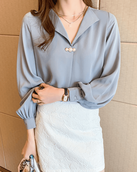 骨格ストレートパールボタンブラウストップス
