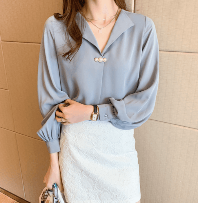 骨格ストレートパールボタンブラウストップス
