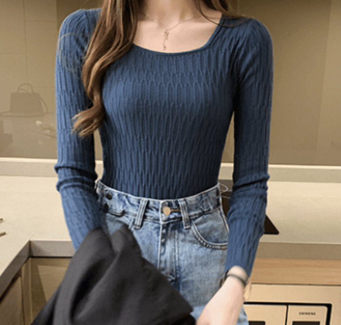 骨格ストレートスクエアネックニットトップス