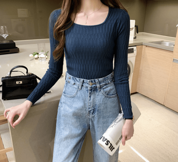 骨格ストレートスクエアネックニットトップス