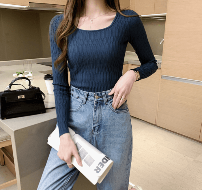 骨格ストレートスクエアネックニットトップス