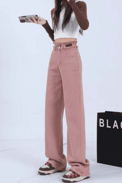 骨格ストレートフリンジピンクデニムパンツ