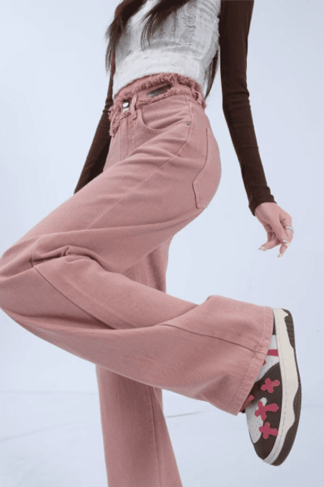 骨格ストレートフリンジピンクデニムパンツ