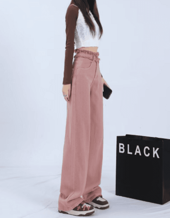 骨格ストレートフリンジピンクデニムパンツ